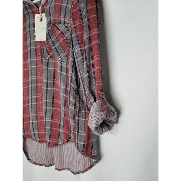 LUCKY BRAND Top Small Pink Blue Plaid 7W44249 Roll Tab Sleeve Shirt slouchy NWT‎ - Picture 6 of 15